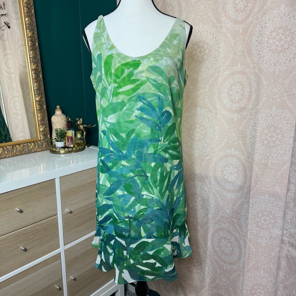 Cabi Mini Cami Dress Green Castaway Tropical Leaf Flared Ruffle Hem Size M